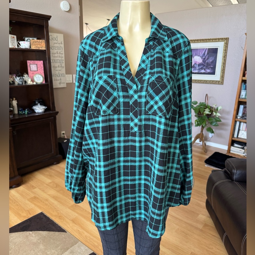 torrid Black and Teal Plaid Button-Front Blouse